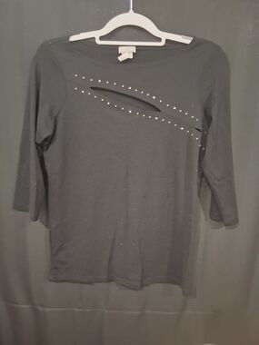 Black Stud-Detail Long Sleeve Cutout Tee